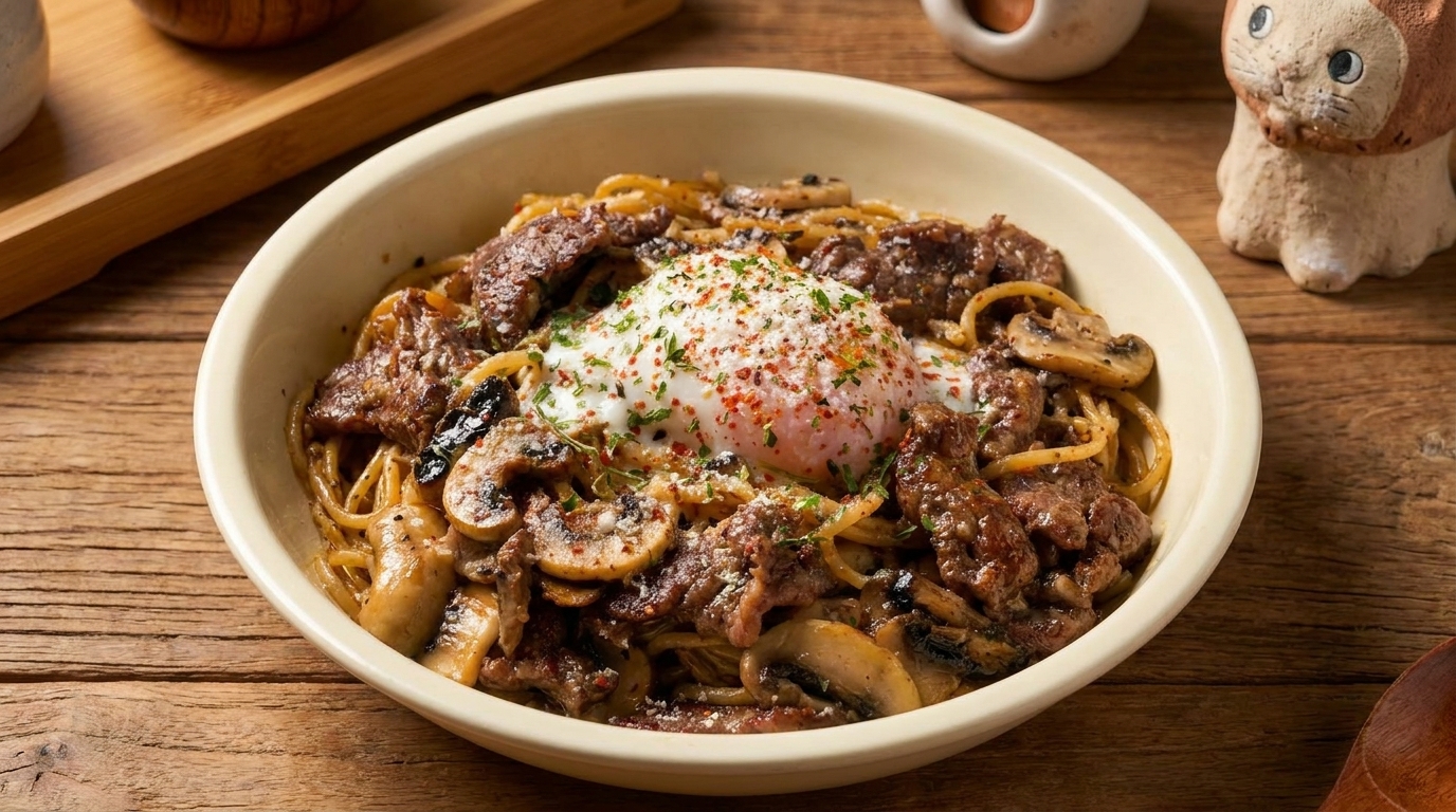 Pâtes au Bœuf et à la Truffe, Œuf Onsen