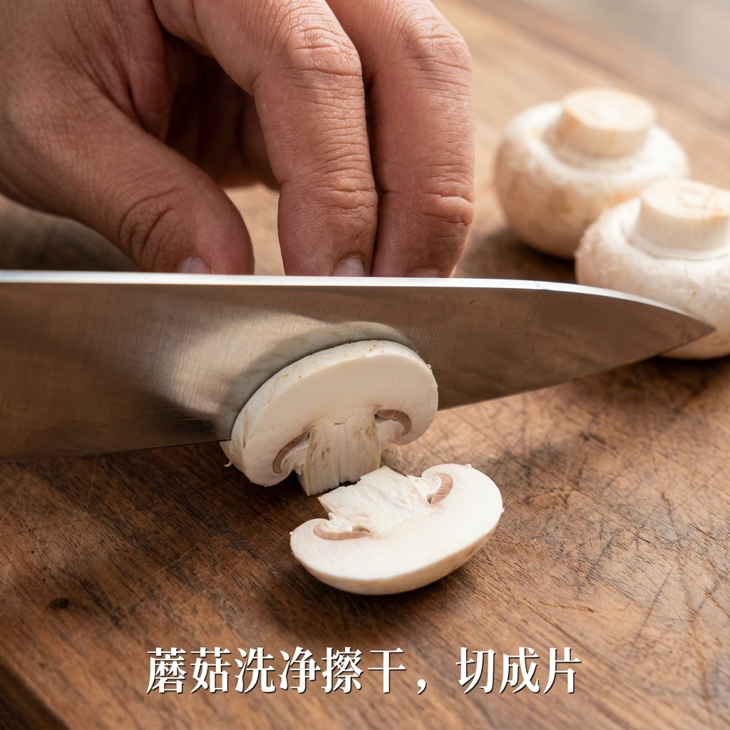 Champignons crus coupés en fines tranches sur une planche à découper en bois rustique.