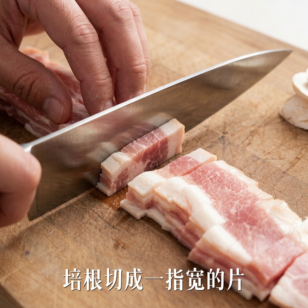 Tranches de lardons coupées en lanières sur une planche en bois.