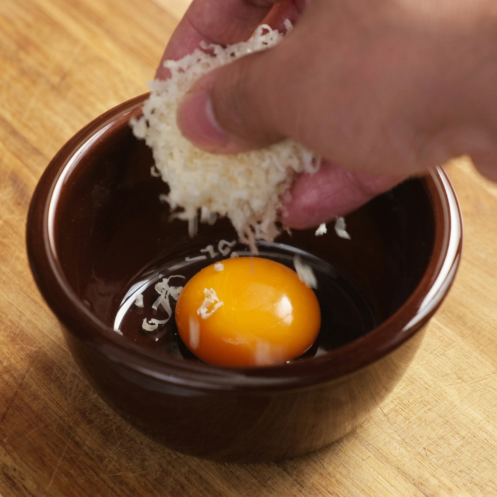 Mélange riche de jaune dœuf, de parmesan râpé et de sauce à la truffe dans un bol en céramique.