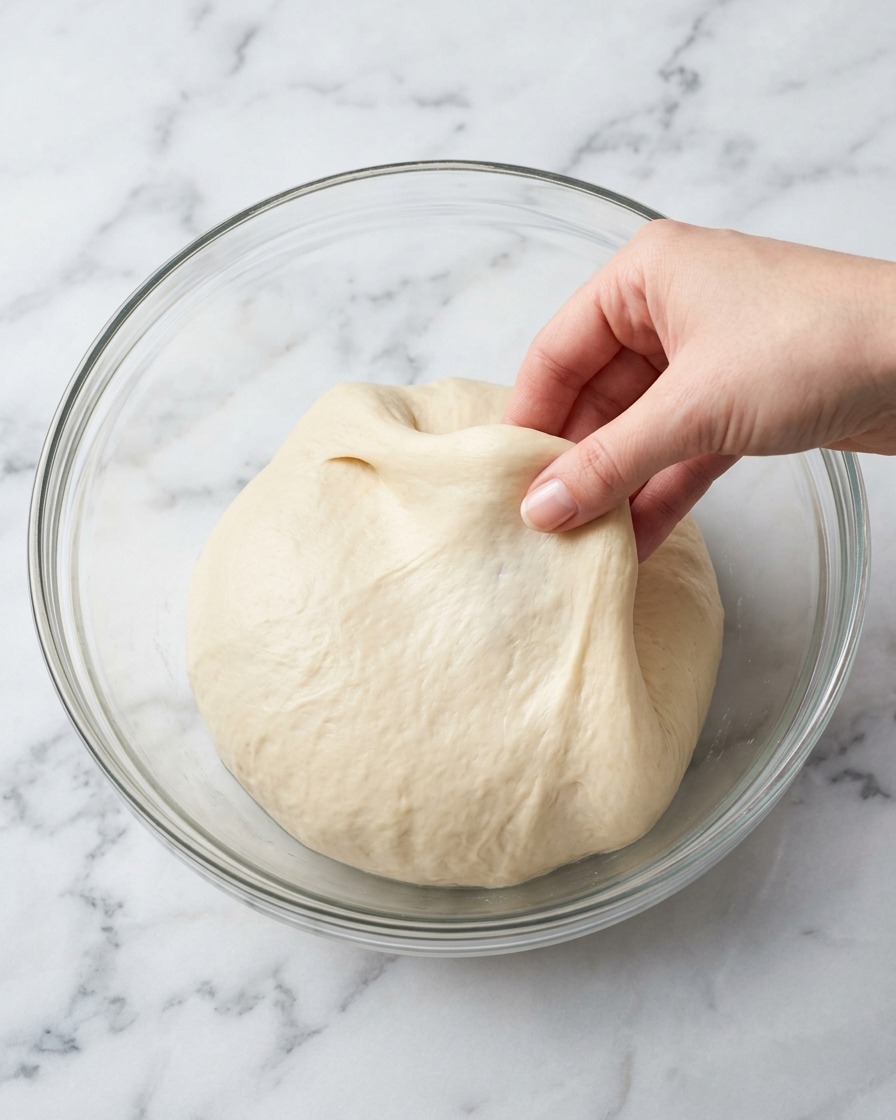 Une main pliant une pâte lisse et hydratée sur elle-même dans un bol en verre.