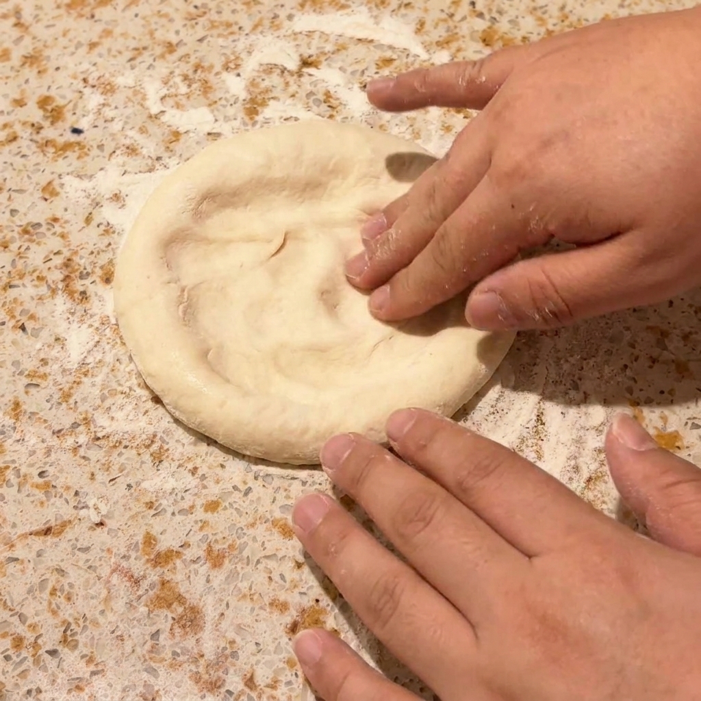 Des mains pressant et étirant une boule de pâte à pizza sur un plan de travail.