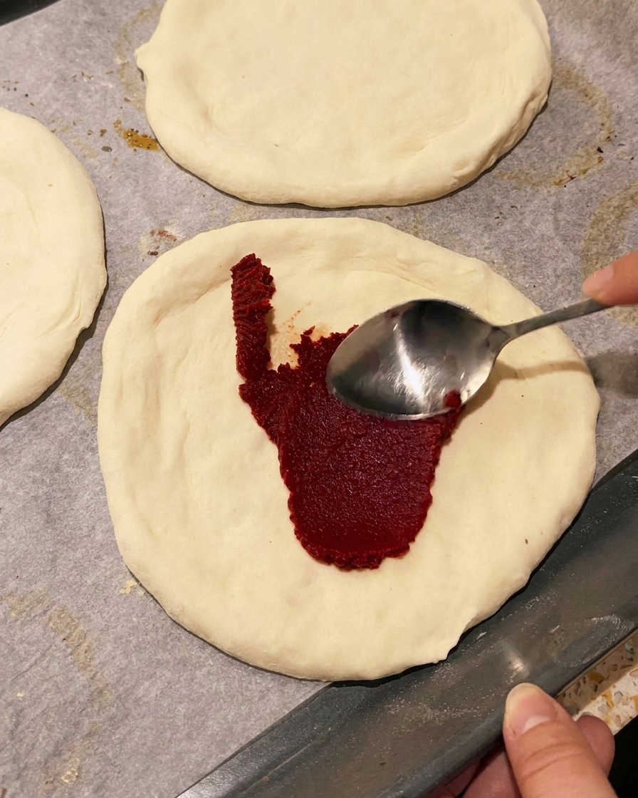 Gros plan sur une main utilisant une cuillère en métal pour étaler une riche purée de tomate sur une base de pâte à pizza crue.