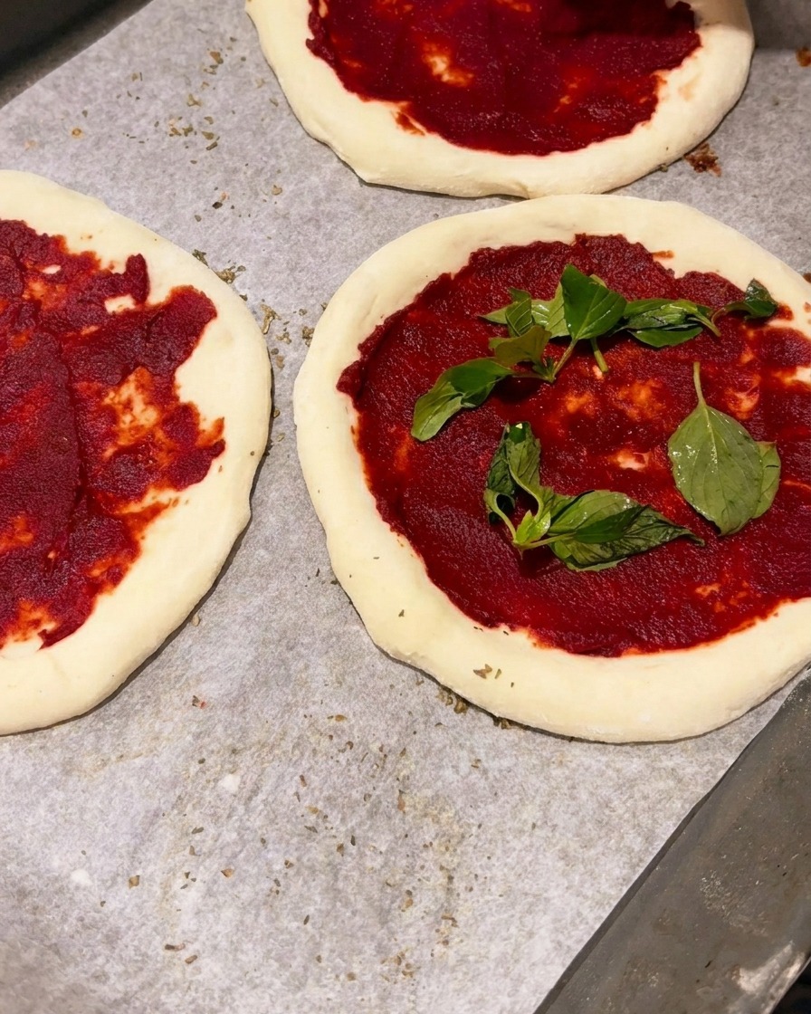 Pâtes à pizza crues recouvertes de sauce tomate et de feuilles de basilic frais.