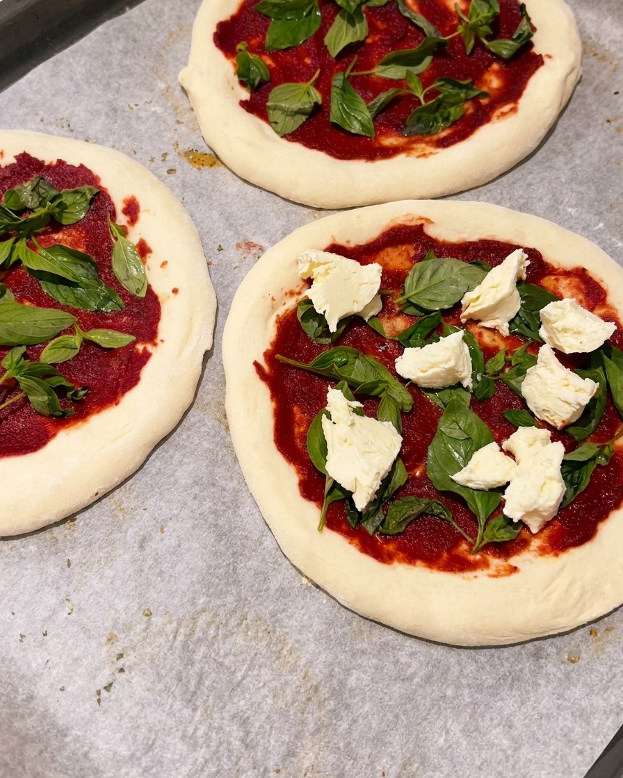 Morceaux de mozzarella déchirés à la main répartis sur des mini pizzas avec sauce tomate et basilic.