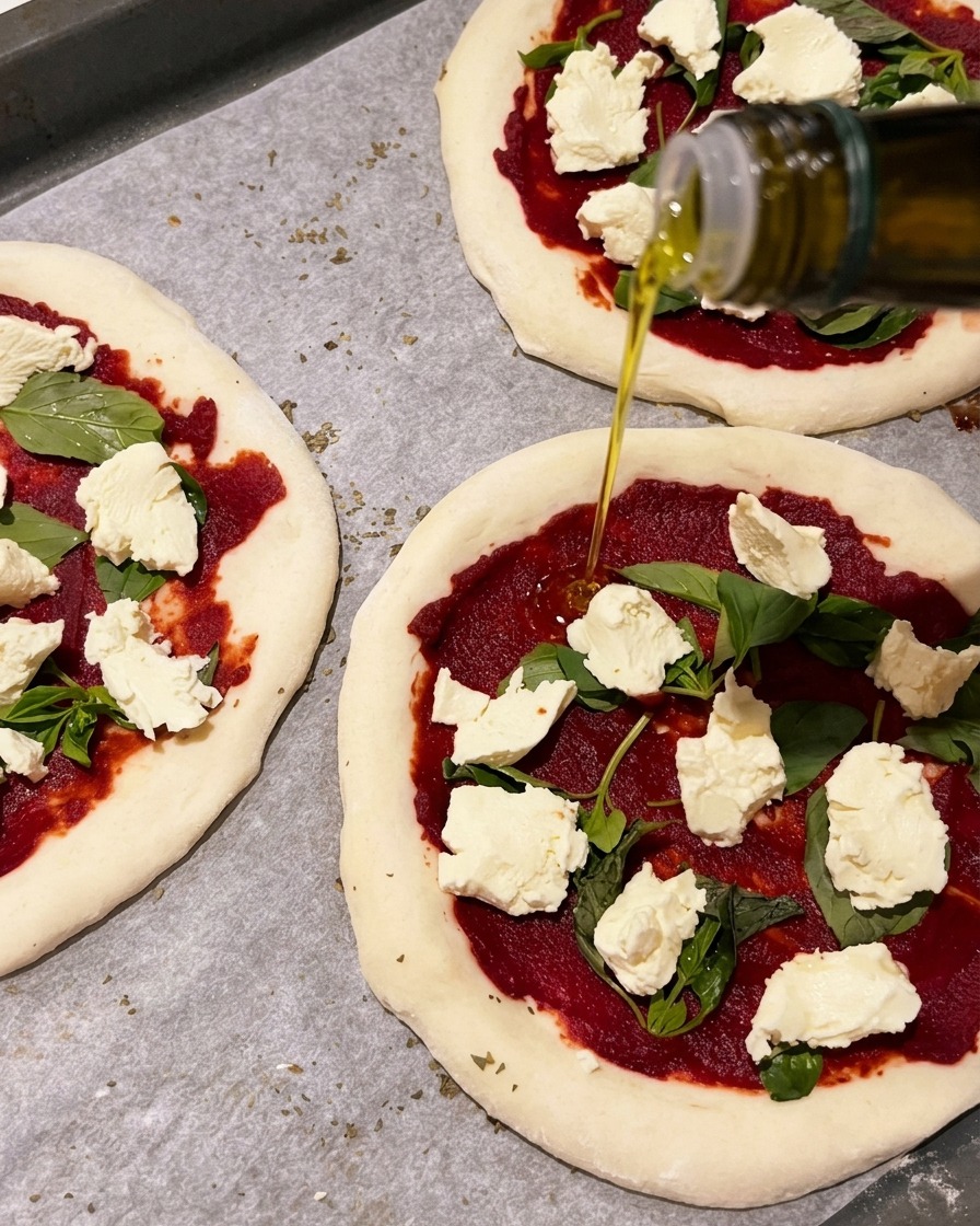 De lhuile dolive dorée versée depuis une bouteille en verre sur des mini pizzas crues assemblées.