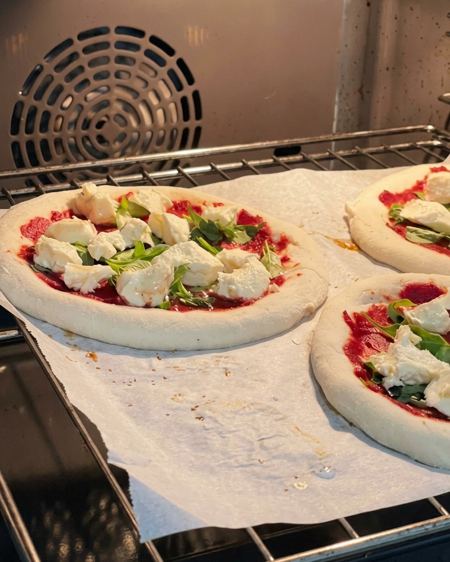 Une plaque de cuisson avec des pizzas crues insérée dans un four chaud.