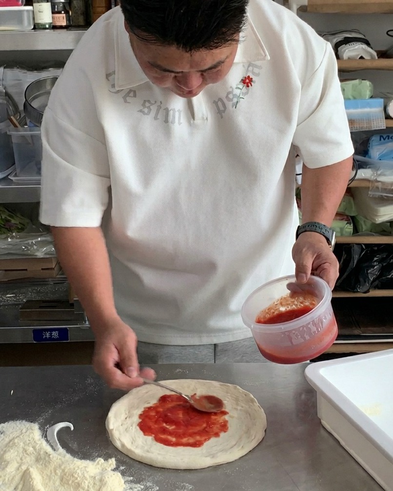 Une cuillerée de sauce tomate rouge vif étalée uniformément sur une base de pizza crue.