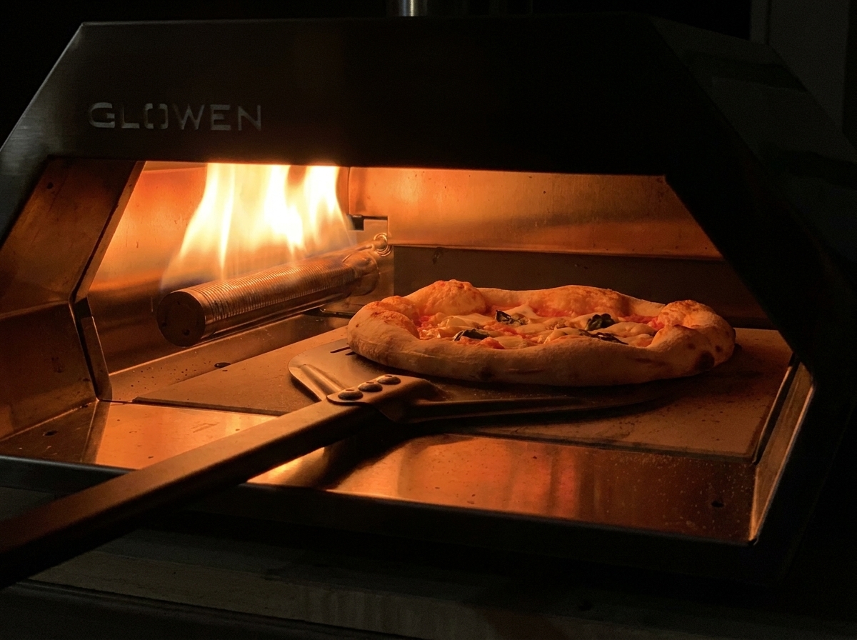 Une pelle à pizza faisant pivoter une pizza partiellement cuite dans un four à gaz pour dorer uniformément près des flammes.