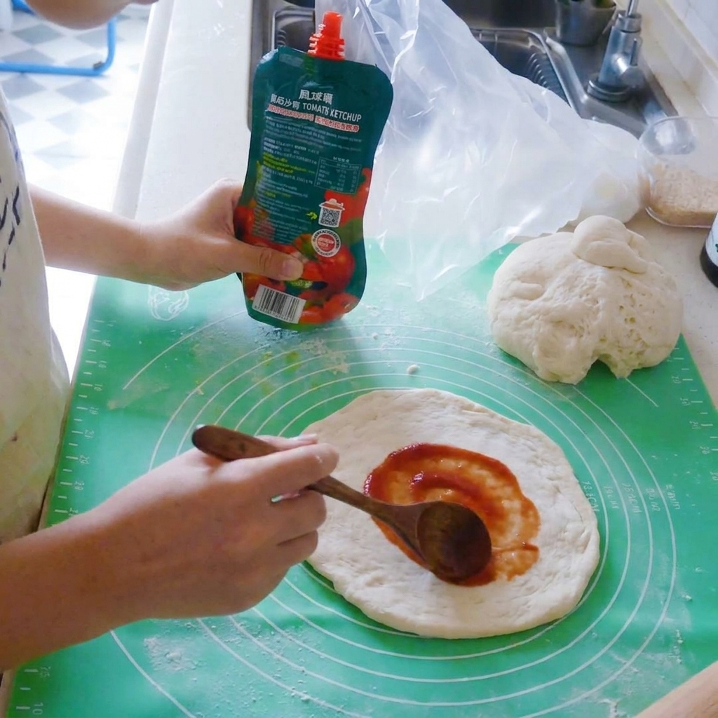Sauce tomate étalée sur une base de pâte à pizza avec une cuillère en bois.
