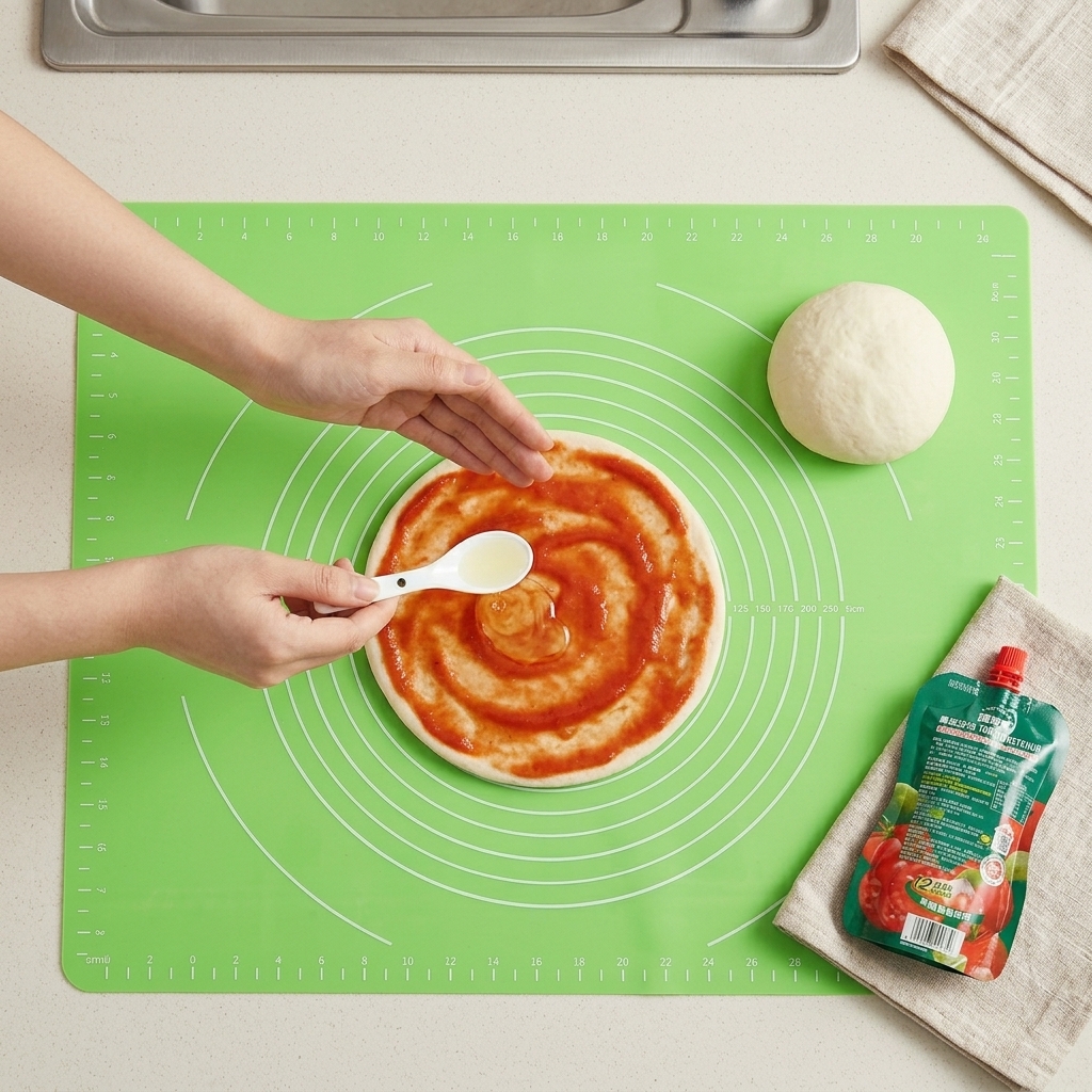 Une cuillerée dhuile arrosée sur la base de pizza assaisonnée.