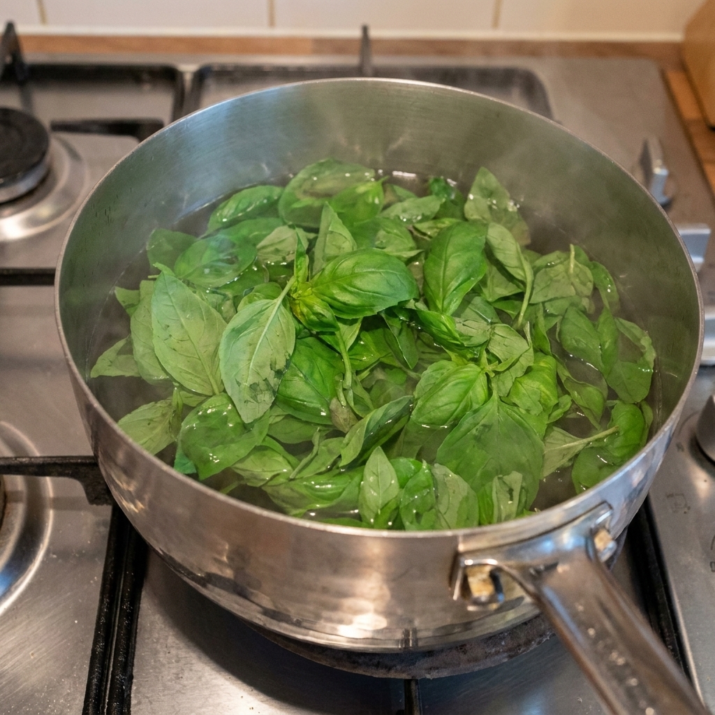 Feuilles de basilic vert frais en train dêtre blanchies dans une casserole deau bouillante sur la cuisinière.