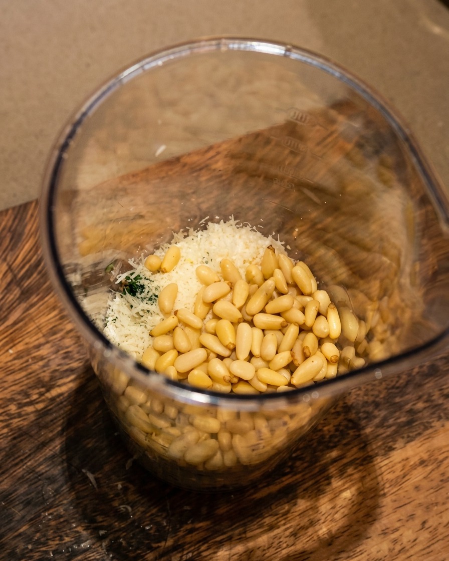 Un bol de mixeur rempli dingrédients pour pesto, avec une vue claire sur les pignons de pin, le fromage et les herbes en attente dêtre mixés.