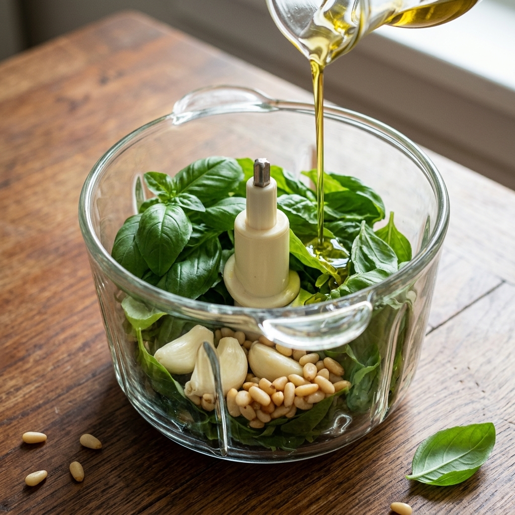 Feuilles de basilic frais, gousses dail et pignons de pin dans le bol dun robot culinaire avec de lhuile dolive versée par le haut.
