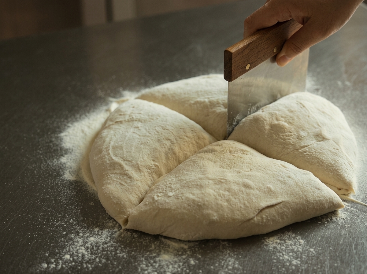 Une grosse boule de pâte coupée en quatre parts égales avec une corne de pâtissier sur un plan de travail fariné en acier inoxydable.