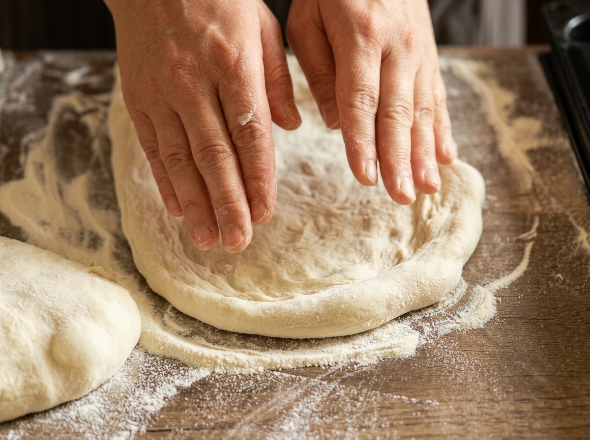 Deux mains étirant et façonnant délicatement un morceau de pâte à pizza en un cercle sur une planche en bois.