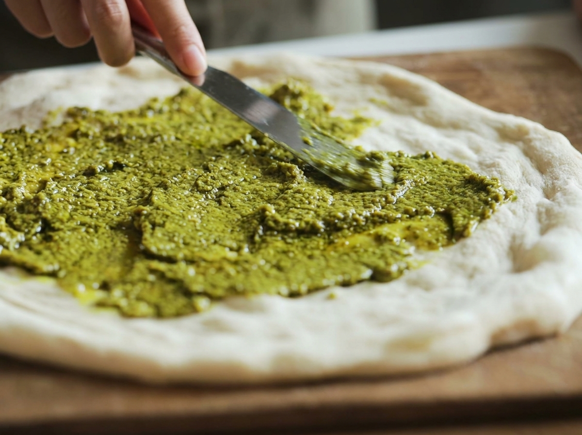 Une main utilisant une spatule en métal pour étaler du pesto au basilic sur une pâte à pizza crue.