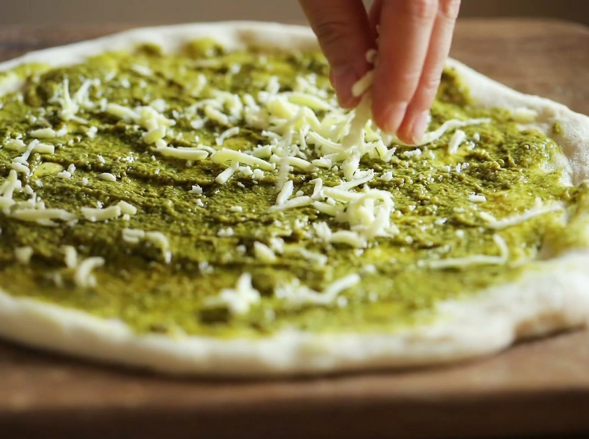 Doigts parsemant de la mozzarella râpée uniformément sur la croûte recouverte de pesto.