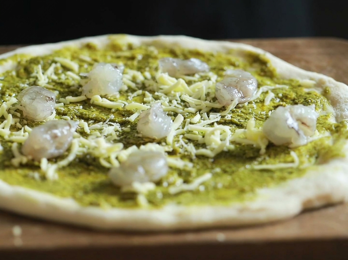 La base de la pizza recouverte de pesto et de mozzarella, avec plusieurs crevettes crues disposées sur le dessus.