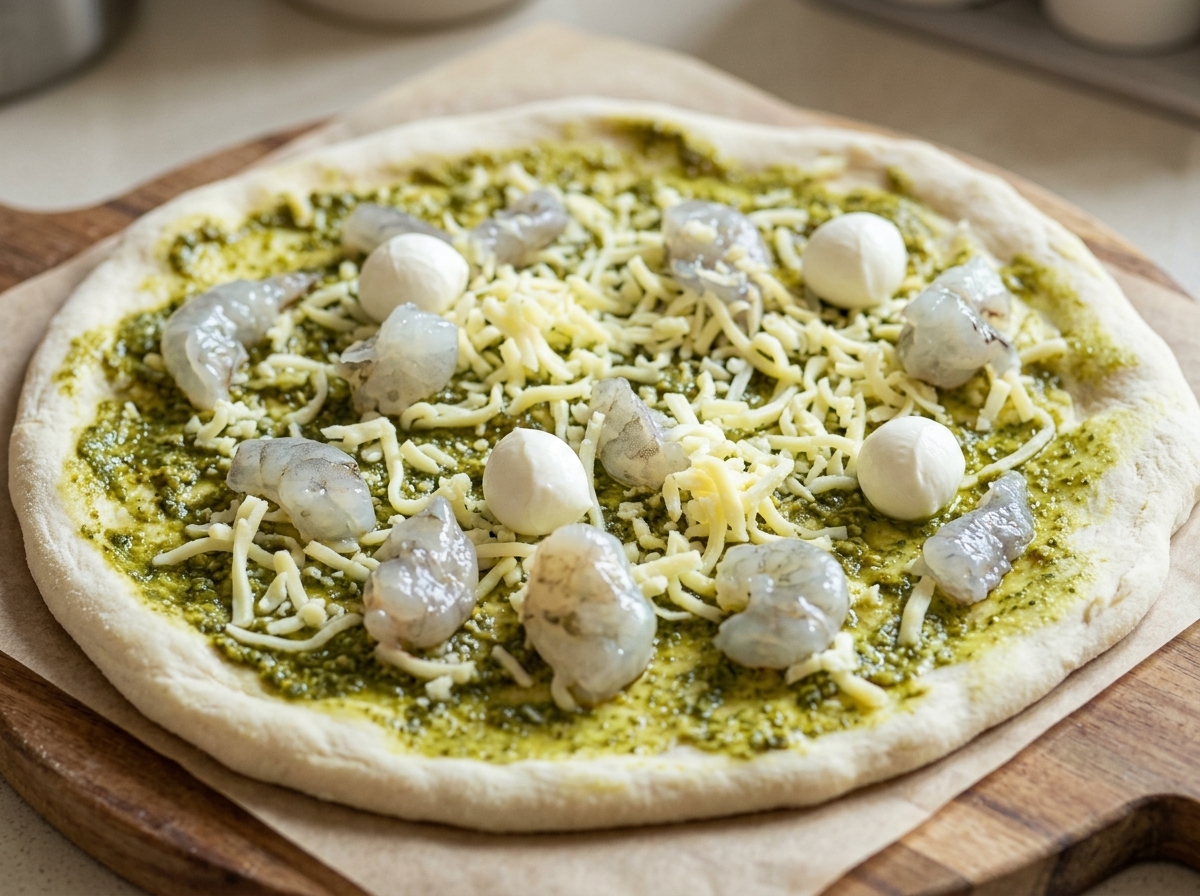 La pizza assemblée avec pesto, crevettes, mozzarella râpée et billes de mozzarella fraîche, prête pour le four.