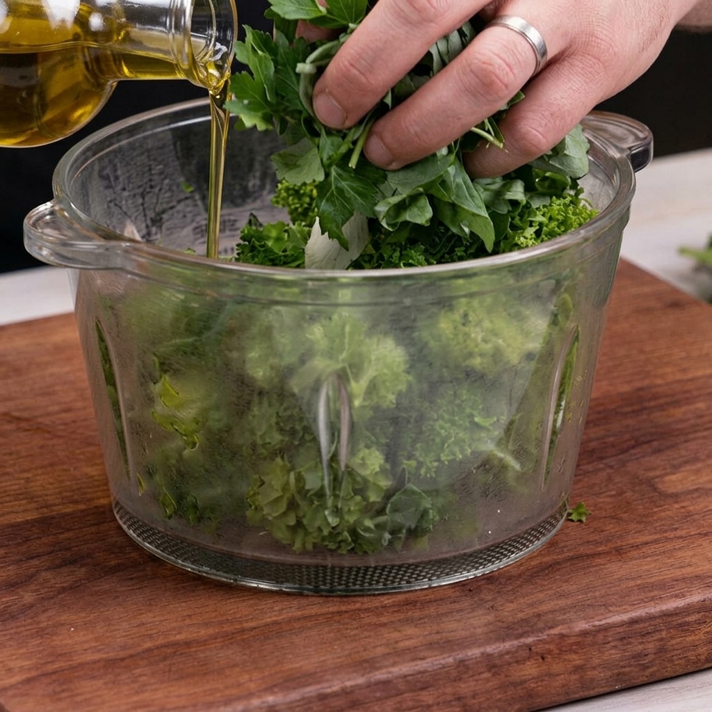 Herbes fraîches, ail, noix et fromage dans un mixeur prêts à être broyés.