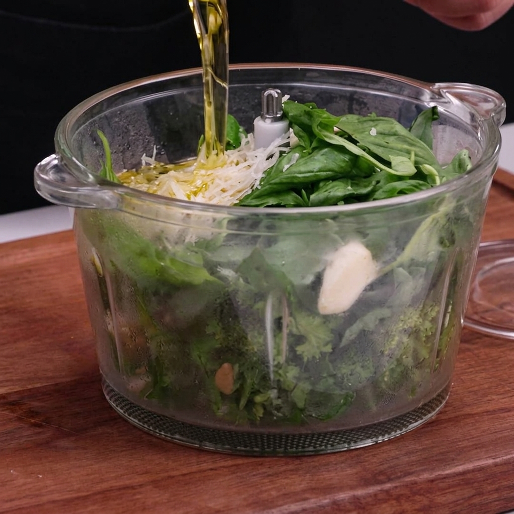 Pesto vert maison en cours de mixage pour obtenir une pâte lisse et épaisse.