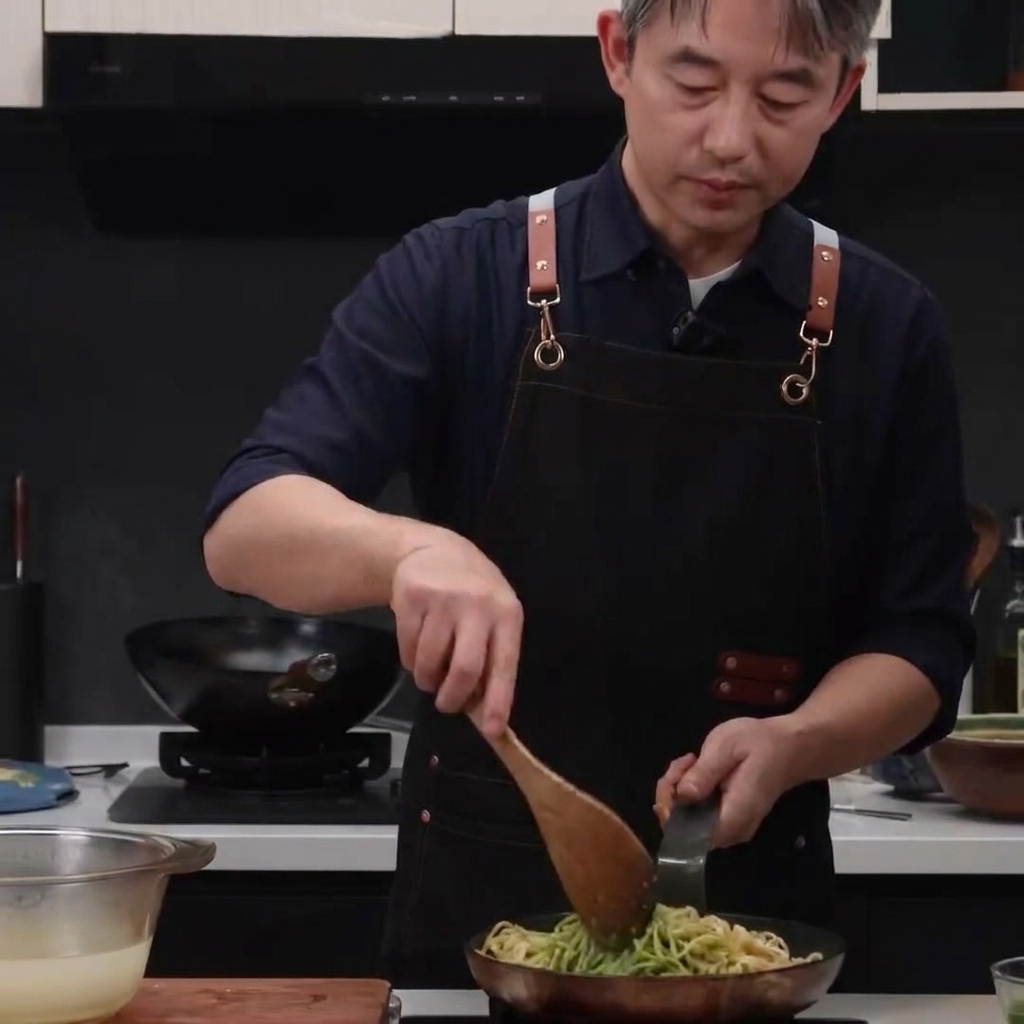 Une personne utilisant une spatule en bois pour mélanger les spaghetti et le pesto dans une poêle.