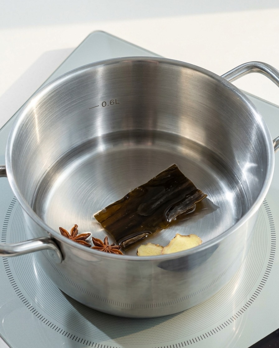 Un morceau dalgue kombu trempant dans une casserole en acier inoxydable remplie deau.