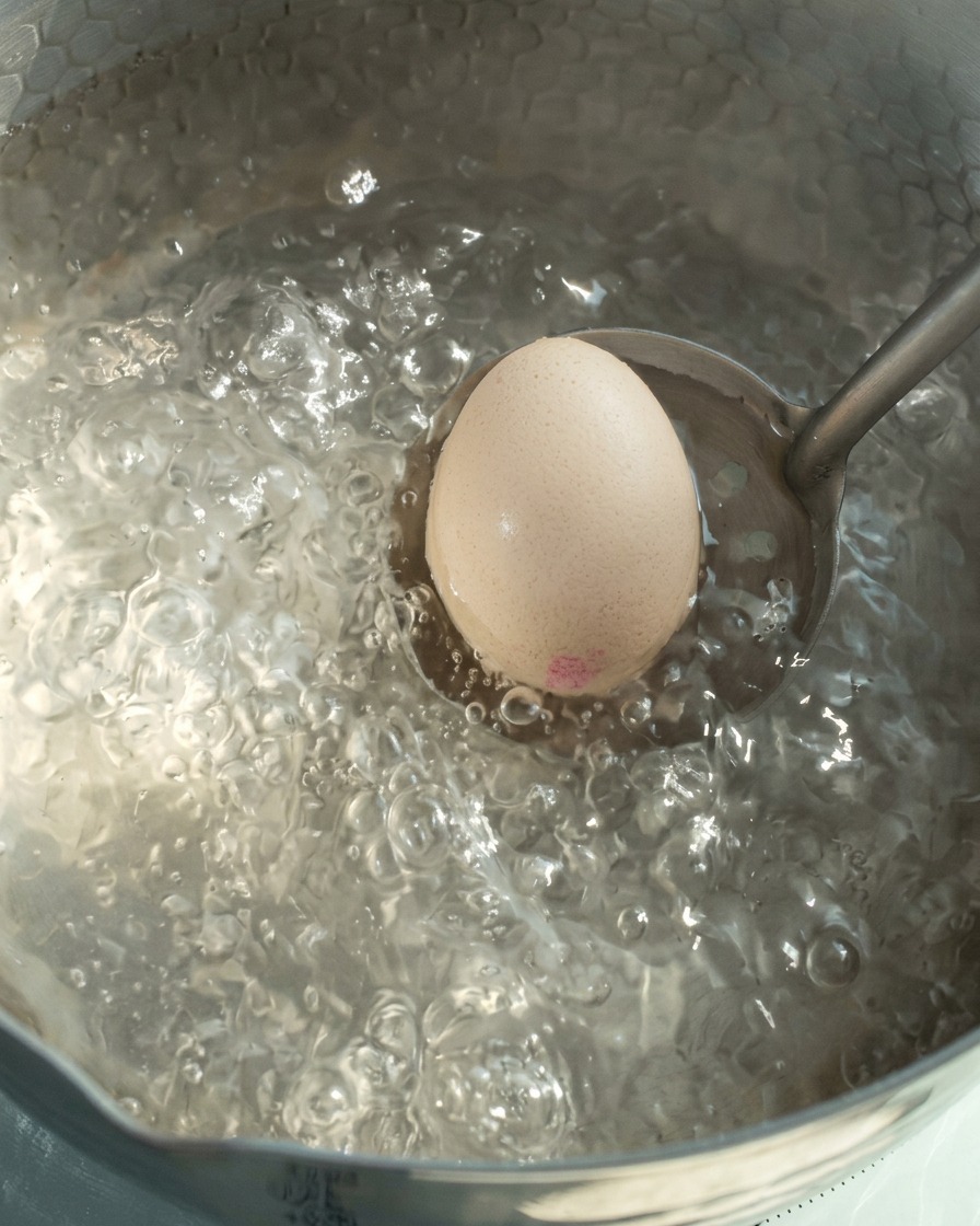 Un œuf entier délicatement plongé dans une casserole deau bouillante à laide dune louche en métal.