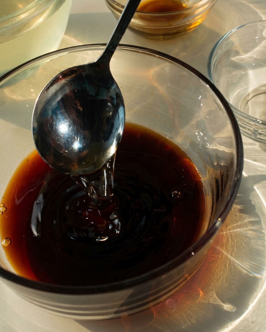 Une marinade sombre à base de sauce soja remuée avec une cuillère en métal dans un bol en verre transparent.