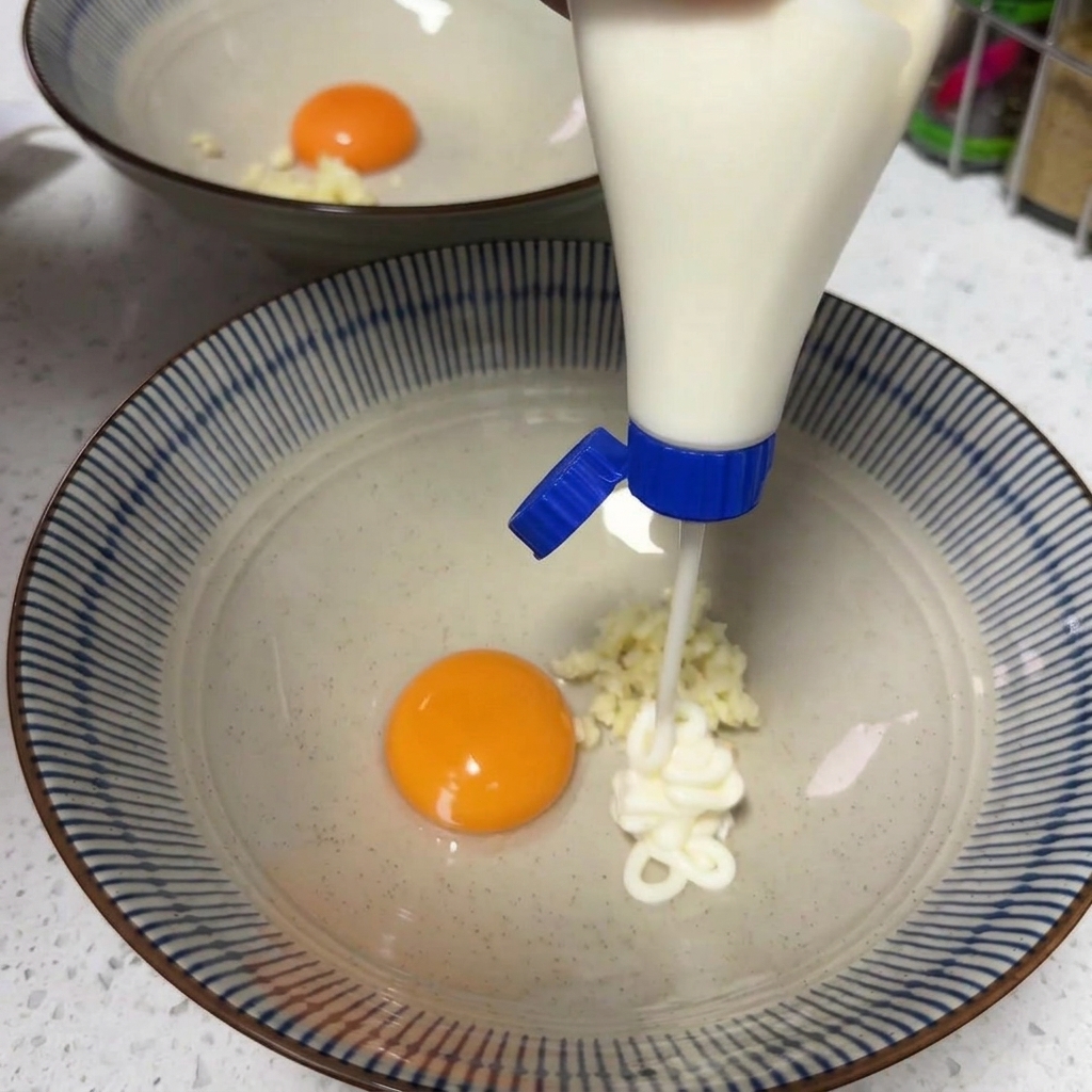 Lassaisonnement des nouilles instantanées versé dun sachet dans un bol avec le jaune dœuf, lail et la mayonnaise.