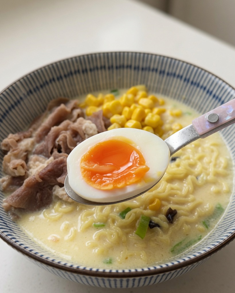 Des œufs mollets coupés en deux avec un jaune orange coulant parfaits placés dans un bol de ramen.