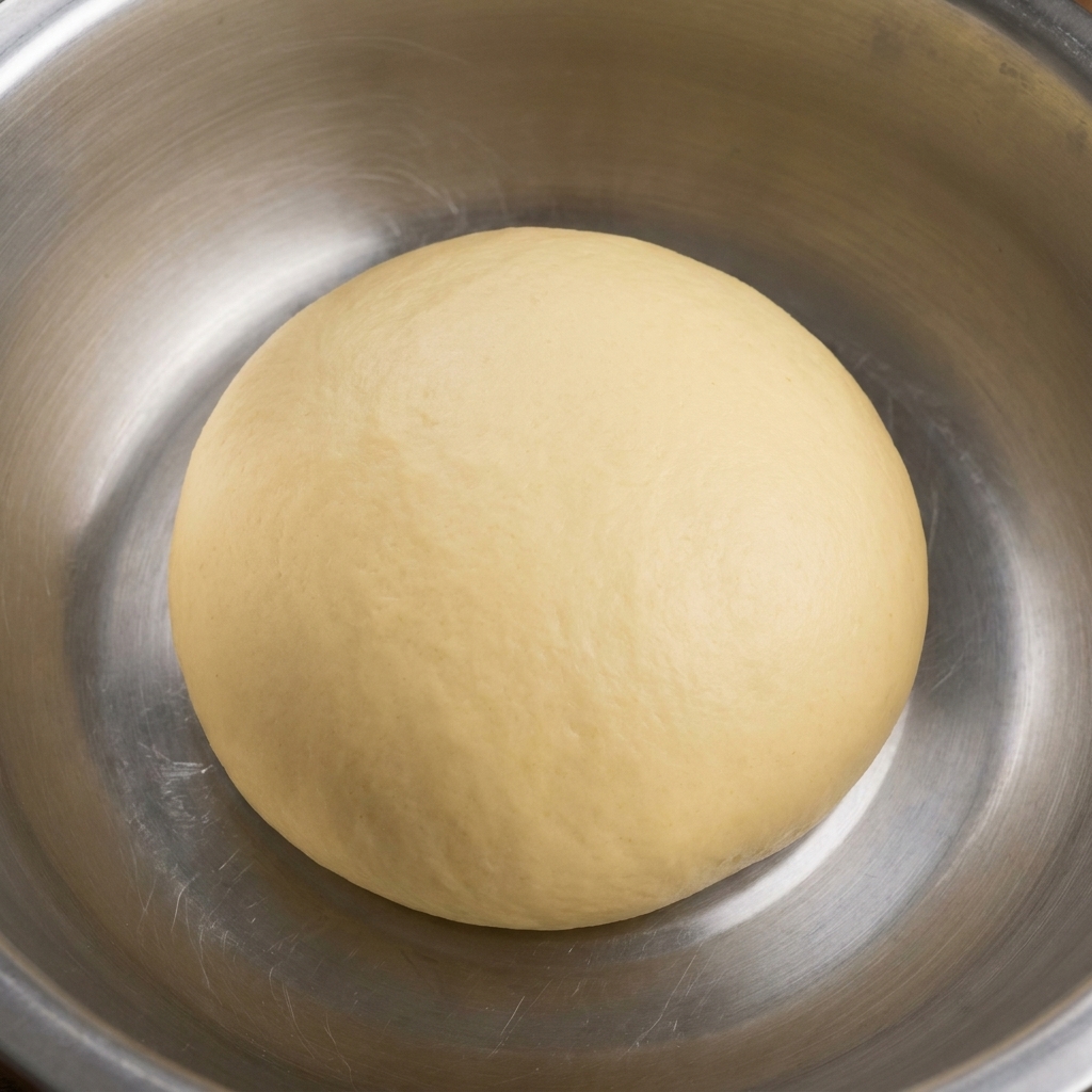 Une boule de pâte lisse et ronde reposant dans un bol en acier inoxydable.