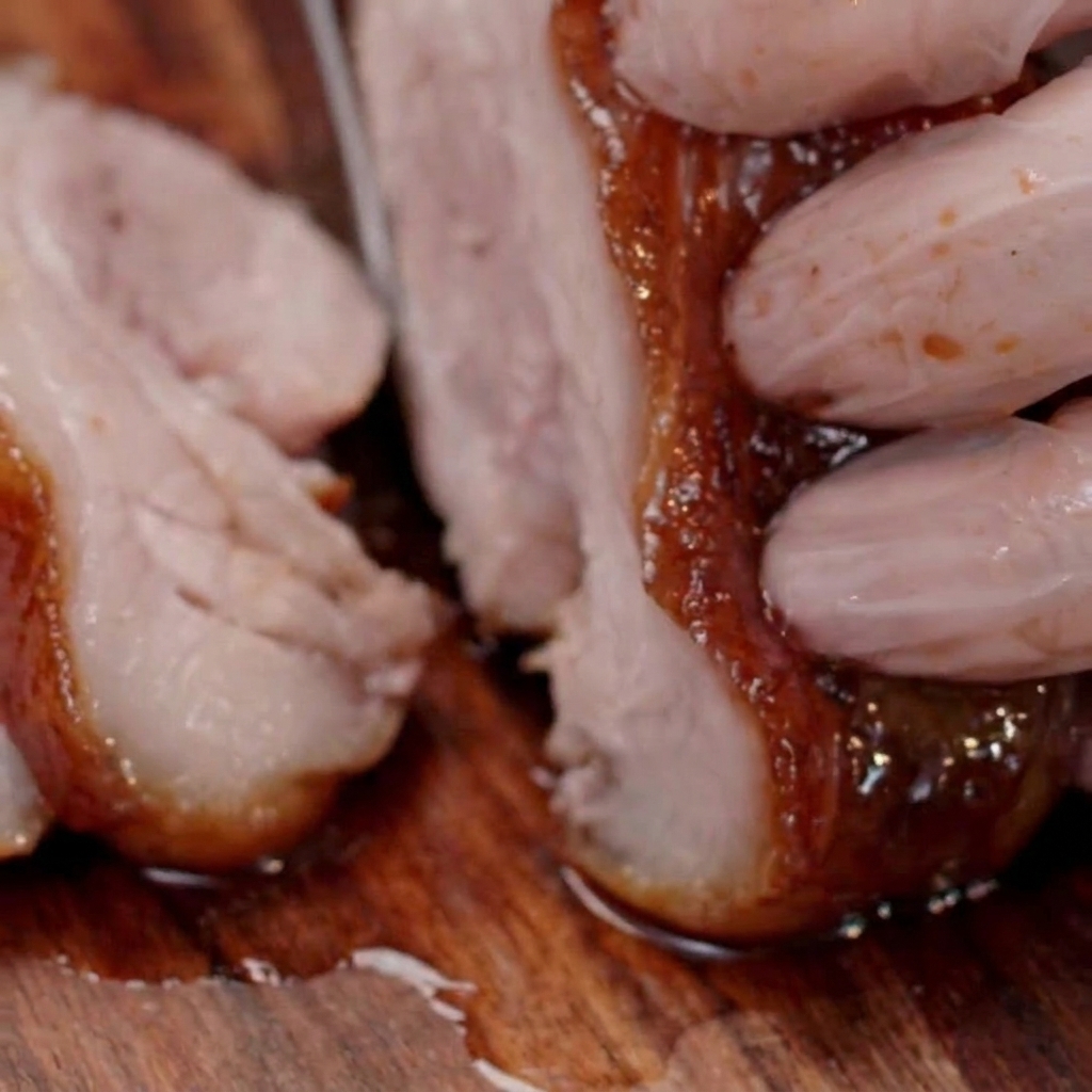 Un morceau de poitrine de porc roulé et attaché avec de la ficelle.
