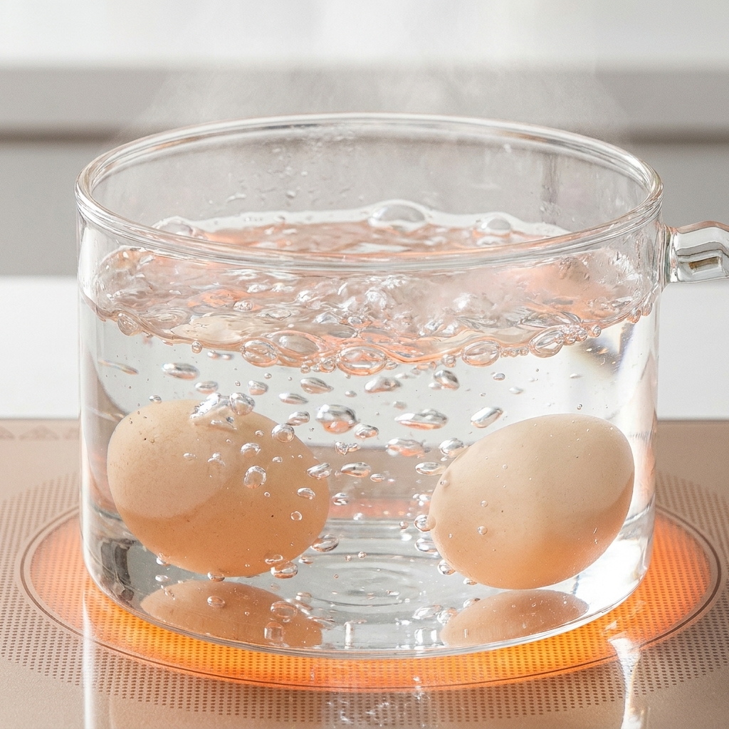 Deux œufs immergés dans de leau bouillante dans une casserole en verre transparent.