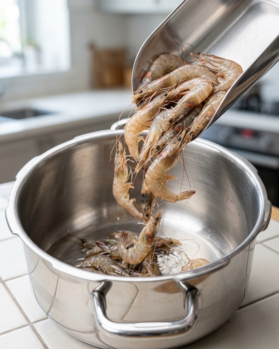 Têtes et carapaces de crevettes fraîches ajoutées dans une casserole dhuile chaude.