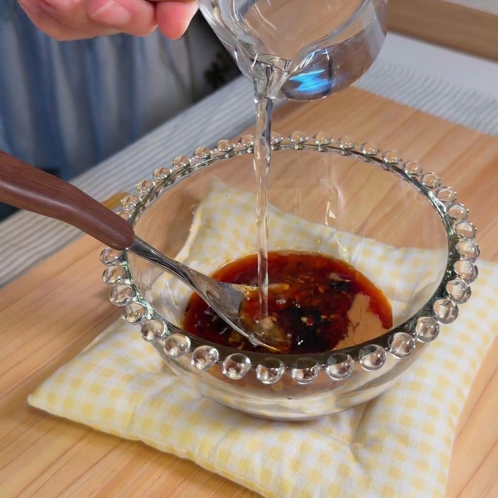 De leau ajoutée progressivement à la sauce sésame épaisse tout en fouettant pour obtenir une texture lisse.