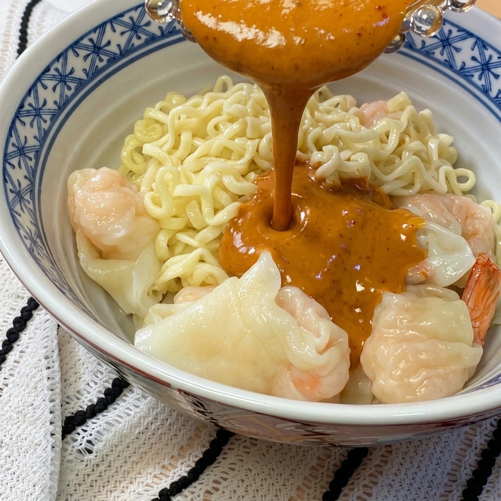 Gros plan dune louche versant la sauce sésame épicée sur un bol de nouilles et wontons.