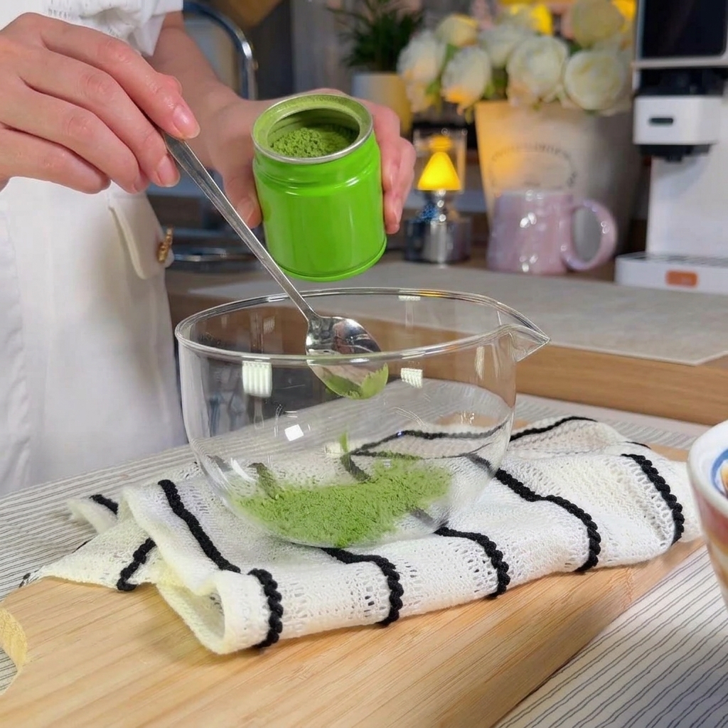 Une personne fouettant de la poudre de matcha avec de leau chaude dans un récipient en verre.