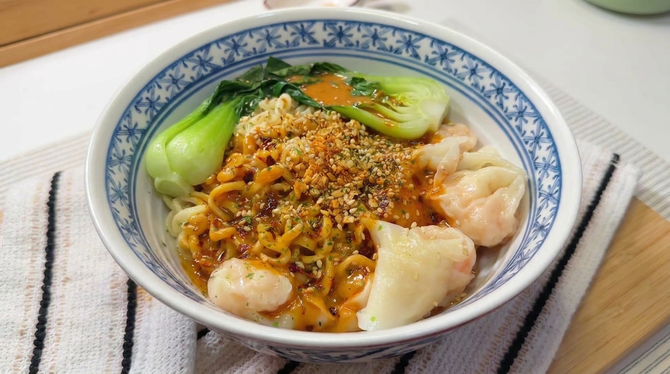 Nouilles aux Wontons de Crevettes et Sauce Sésame Épicée
