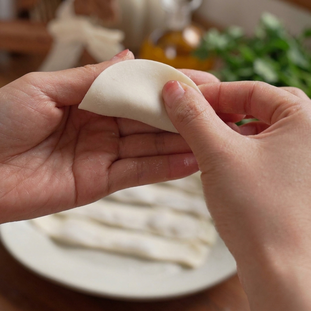 Mains repliant et scellant une feuille à raviolis sur la farce.