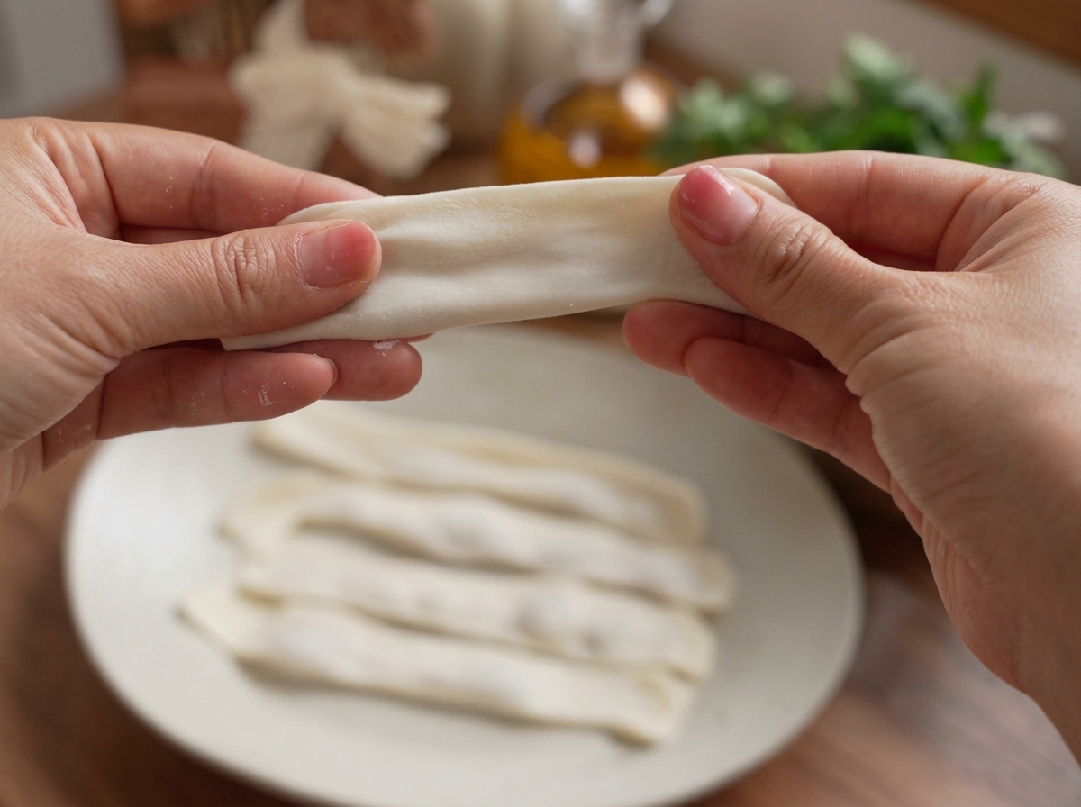 Mains étirant doucement un ravioli scellé pour former une longue nouille plate.