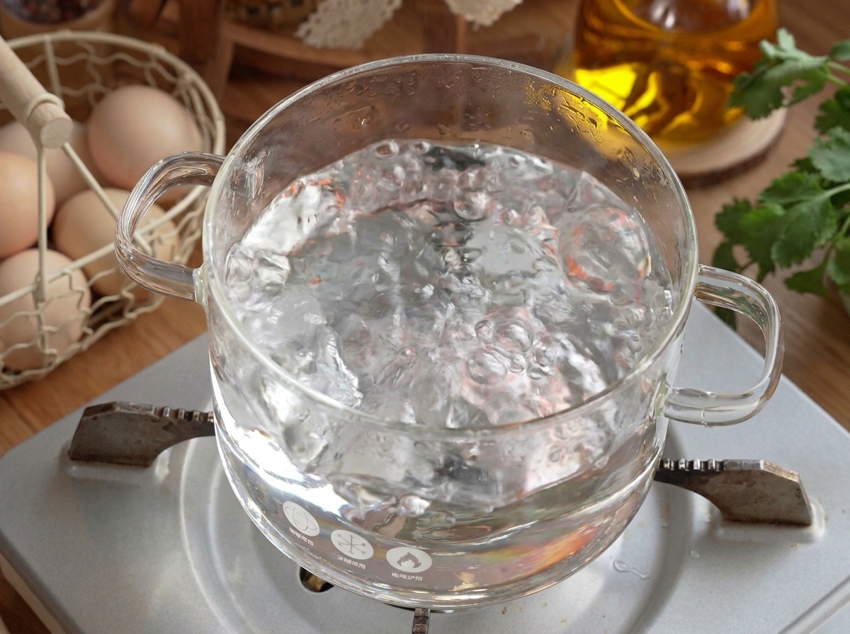 Nouilles à la crevette fraîches plongées dans une casserole deau bouillante.