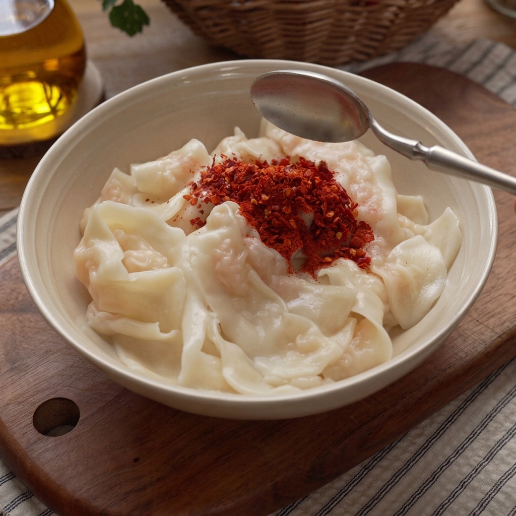 Bol de nouilles larges garnies de piment, sésame et ail avec une cuillère sur le bord.