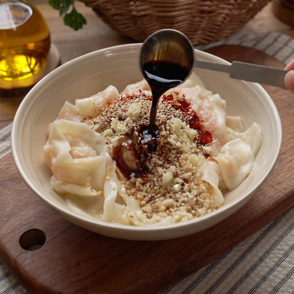 Nouilles assaisonnées de soja et vinaigre, garnies de cacahuètes et coriandre.
