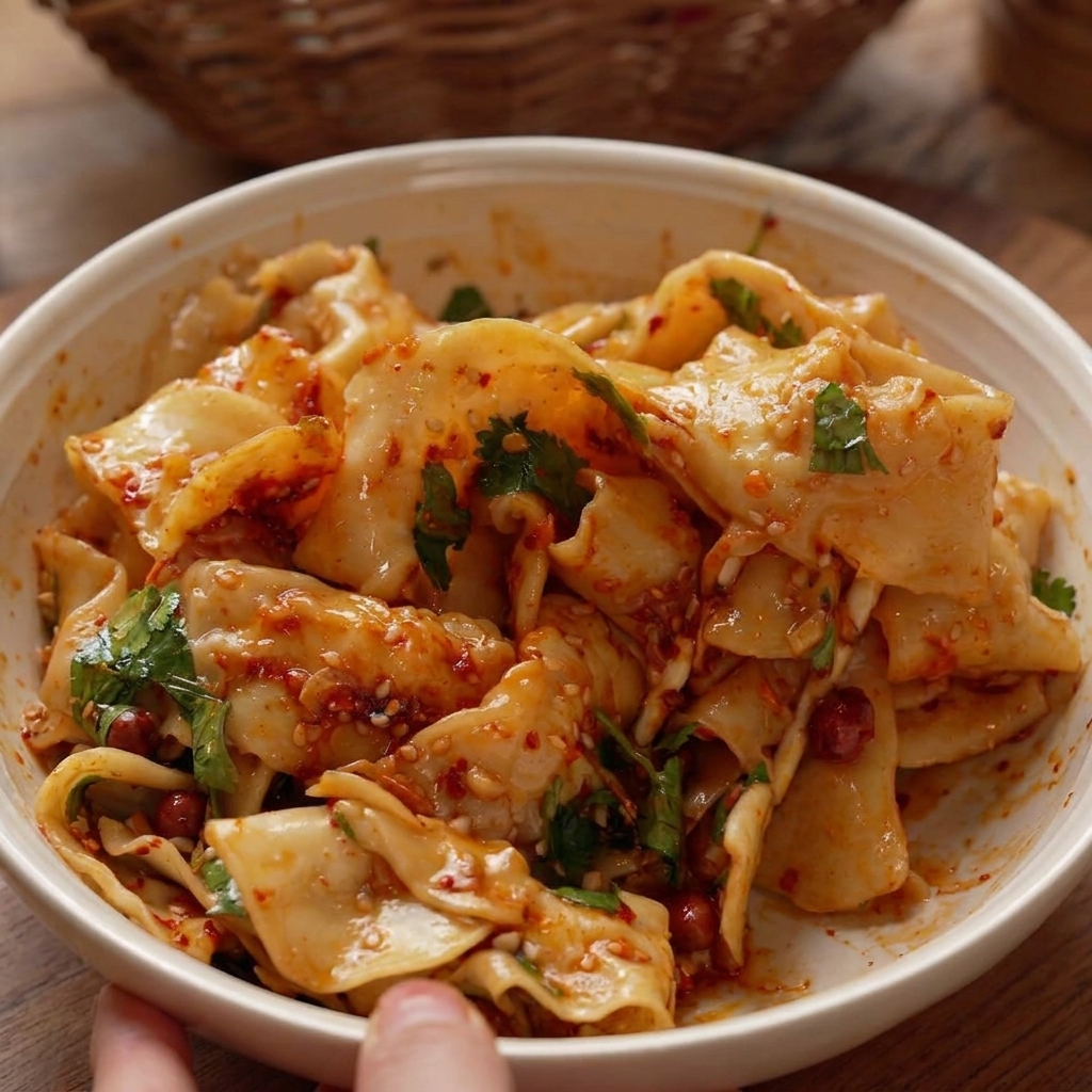 Bol de nouilles larges mélangées, enrobées dune sauce rouge avec cacahuètes et coriandre visibles.