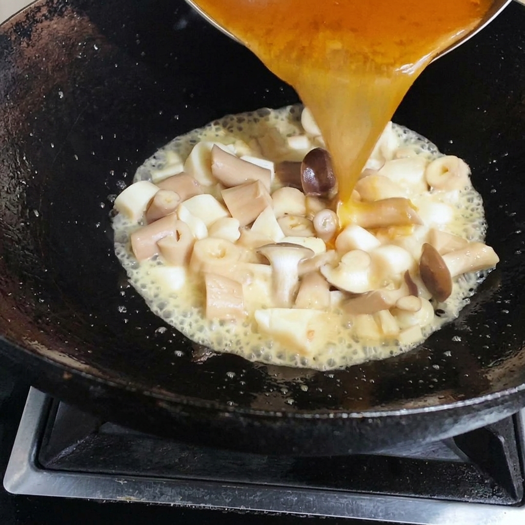 Bouillon de crevettes versé sur des champignons sautés dans un wok.