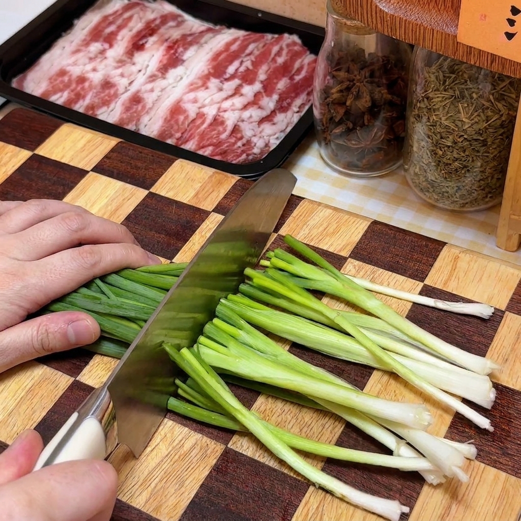 Oignons verts finement hachés empilés sur une planche à découper en bois à carreaux à côté dun récipient de bœuf.
