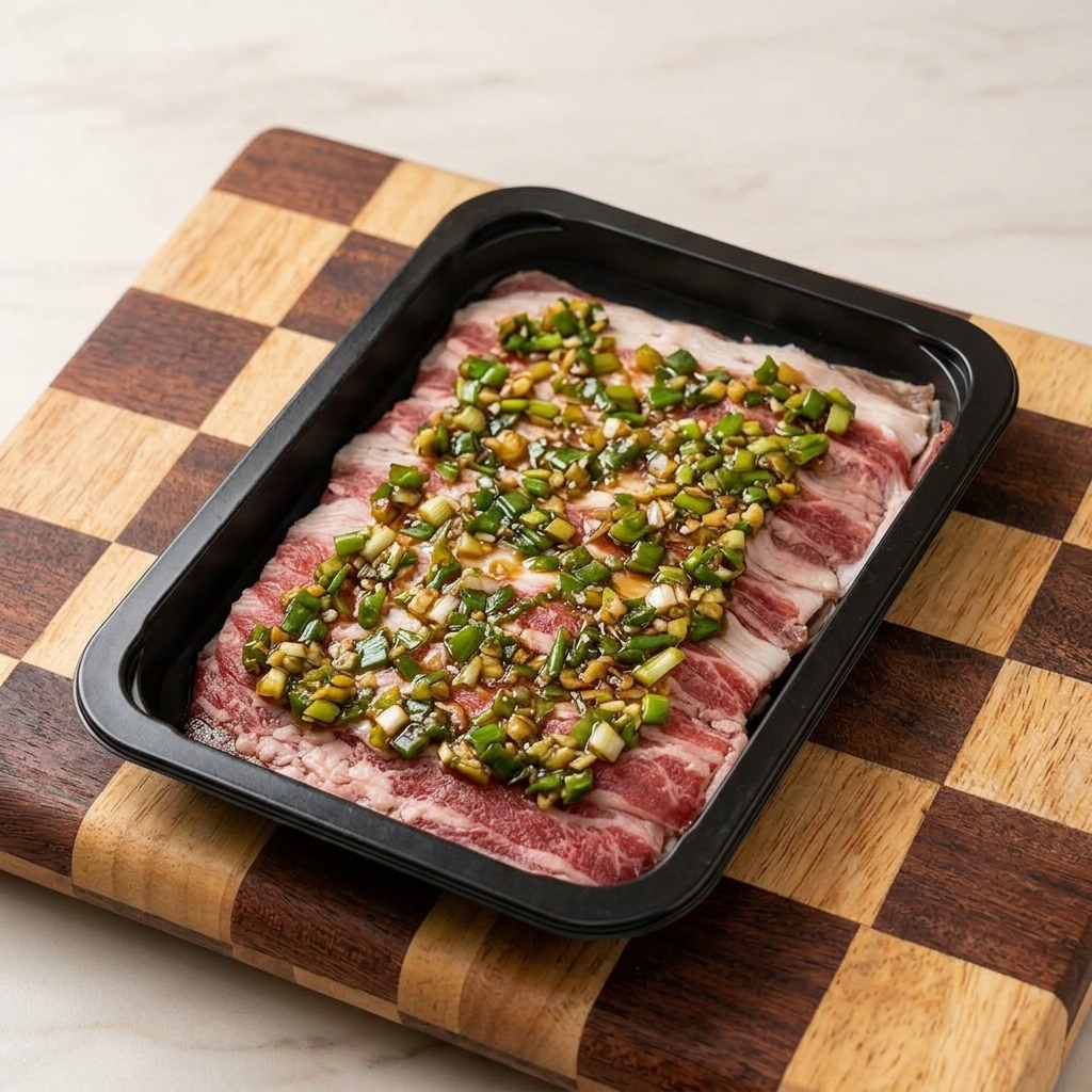 Tranches de bœuf crues disposées dans un récipient noir, recouvertes dune généreuse couche de marinade aux oignons verts et à lail.