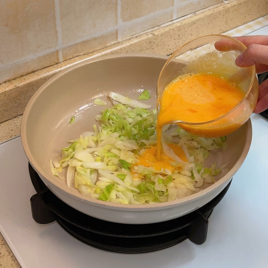 Des œufs versés sur du chou sauté dans une poêle antiadhésive.